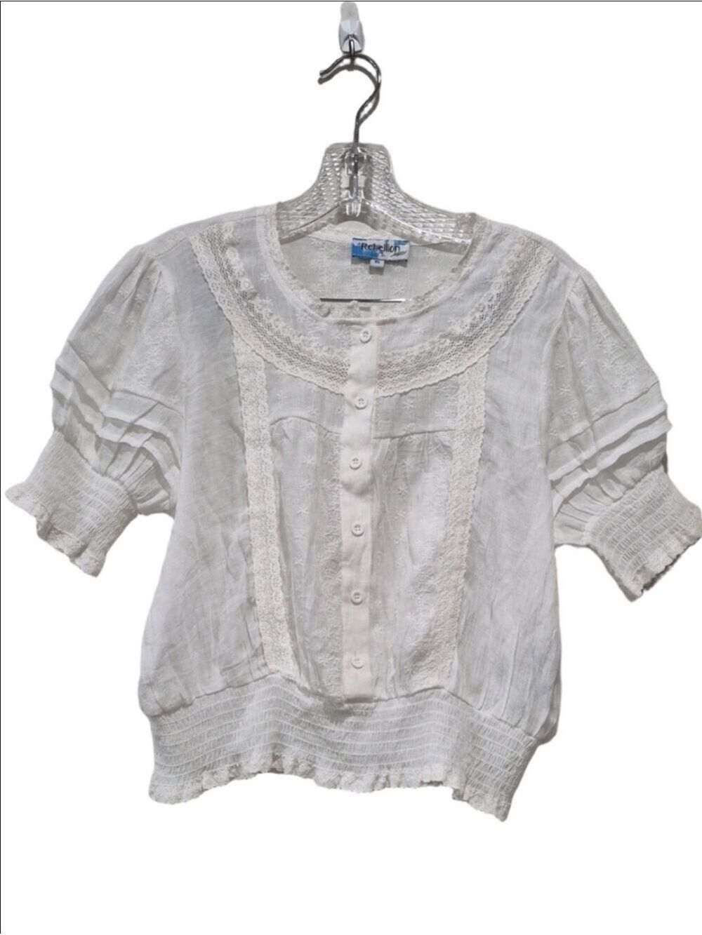 Rebellion White Eyelet Lace Peasant Top Smocked Waist & Cuffs XL, Fits S